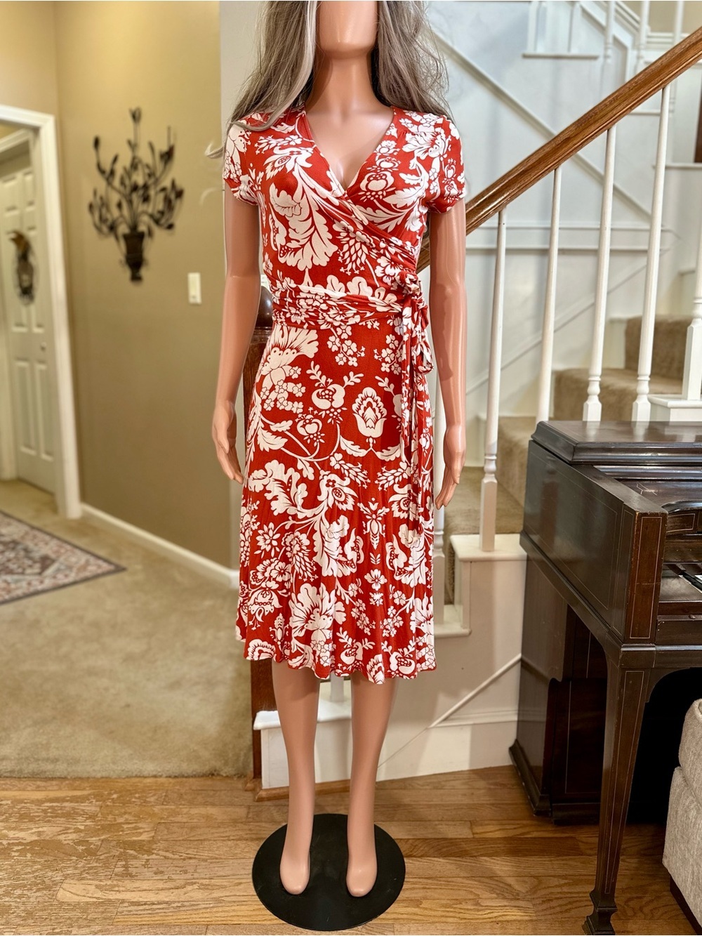 Harold’s Rust Orange Floral Faux Wrap Dress with White Tropical Floral Print